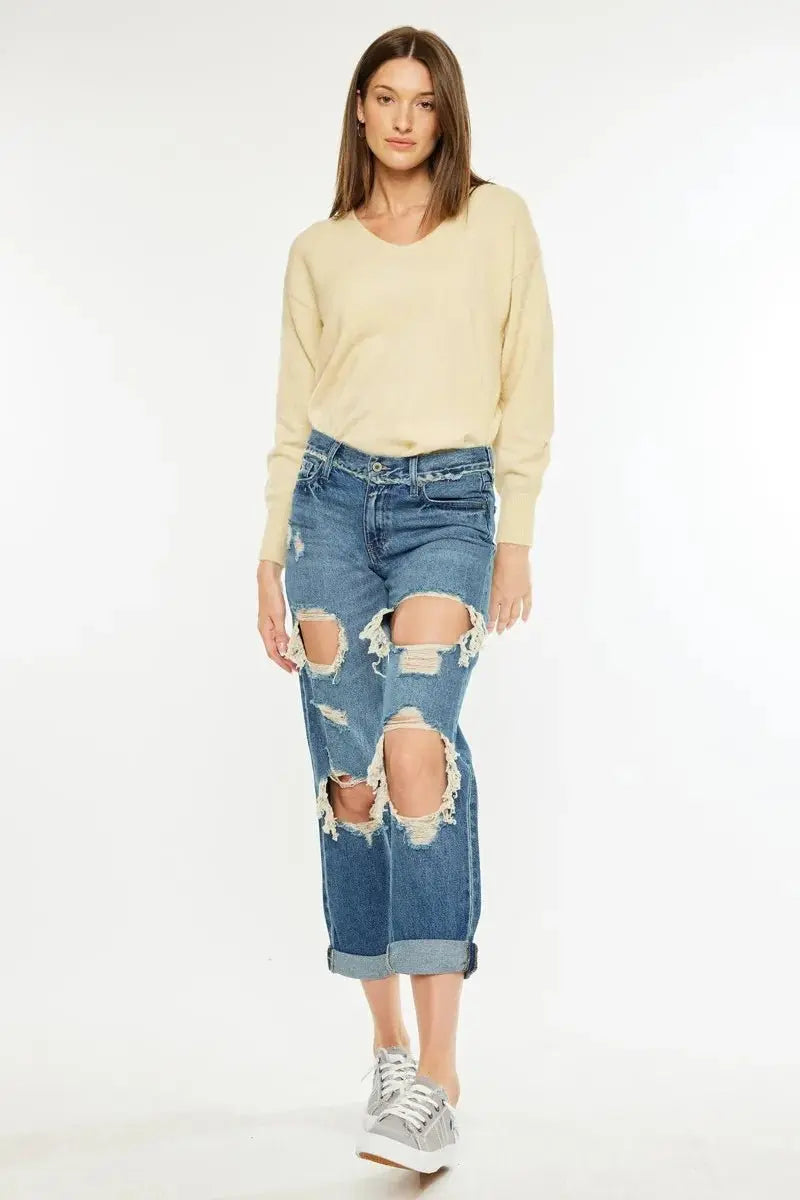 Kancan Distressed Mid Rise True Boyfriend Jeans for Women - Love Salve 