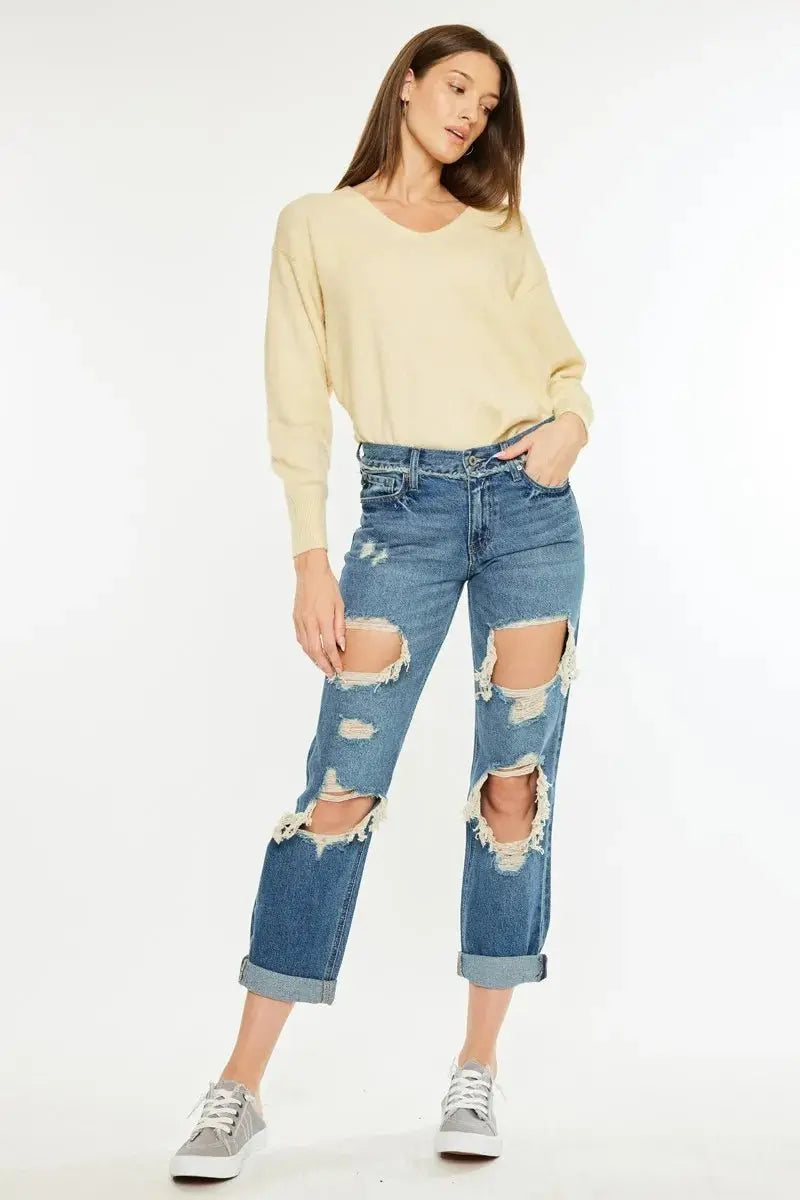 Kancan Distressed Mid Rise True Boyfriend Jeans for Women - Love Salve 
