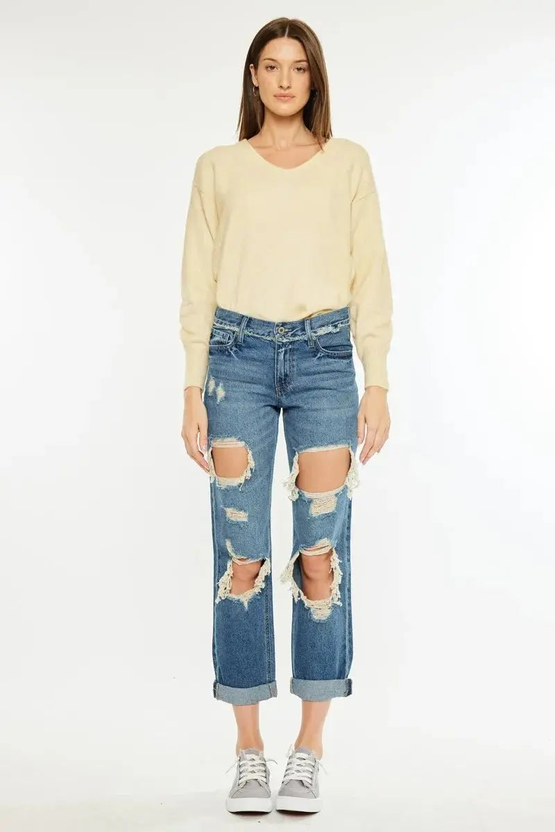 Kancan Distressed Mid Rise True Boyfriend Jeans for Women - Love Salve 