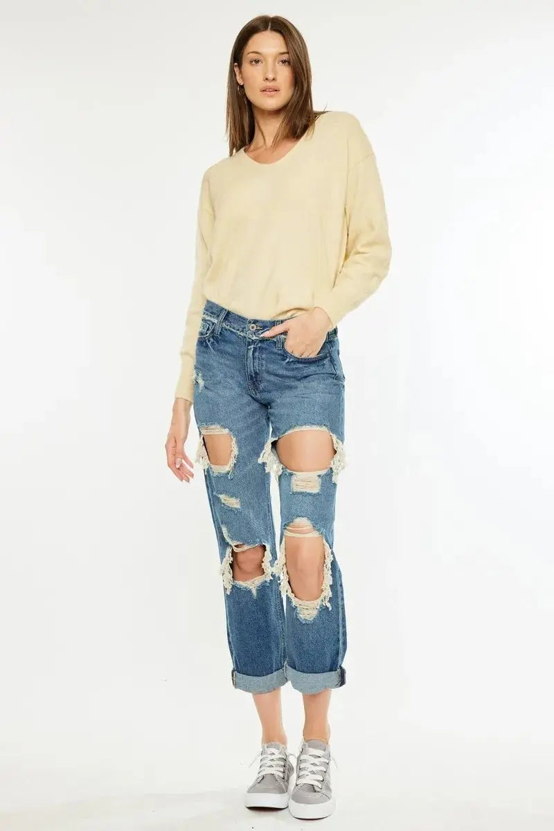 Kancan Distressed Mid Rise True Boyfriend Jeans for Women - Love Salve 