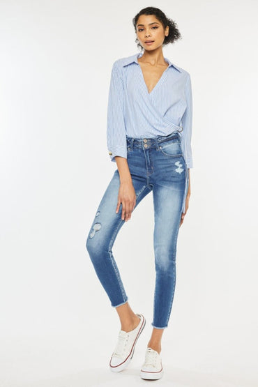Kancan Distressed Raw Hem High Waist Jeans for Women - Love Salve