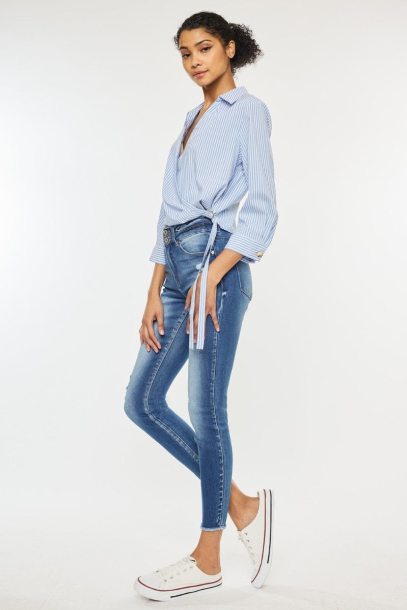 Kancan Distressed Raw Hem High Waist Jeans for Women - Love Salve