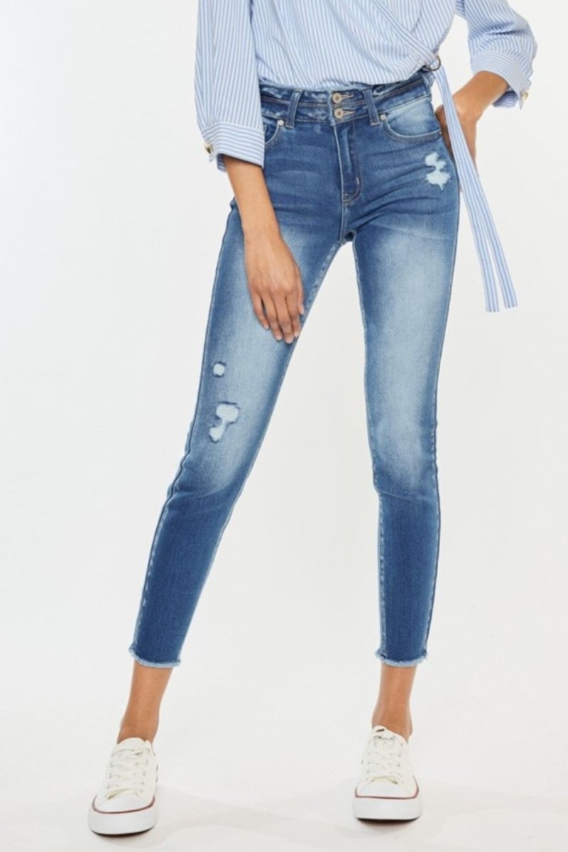 Kancan Distressed Raw Hem High Waist Jeans for Women - Love Salve