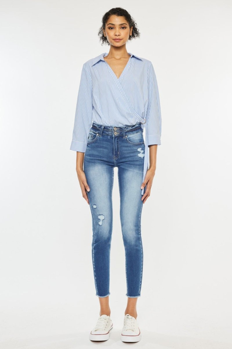 Kancan Distressed Raw Hem High Waist Jeans for Women - Love Salve