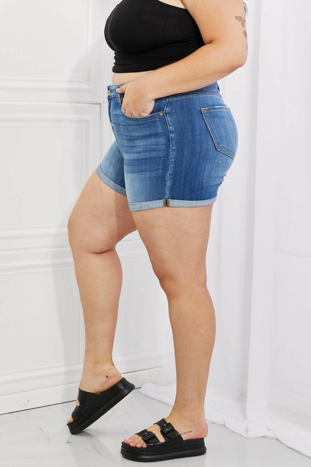 Kancan Full Size High Rise Medium Stone Wash Denim Shorts - Love Salve