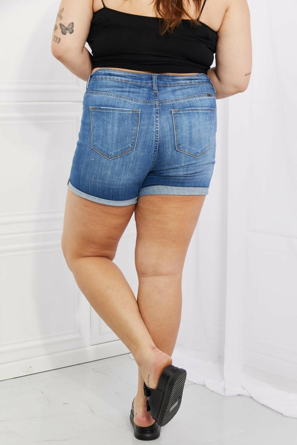 Kancan Full Size High Rise Medium Stone Wash Denim Shorts - Love Salve