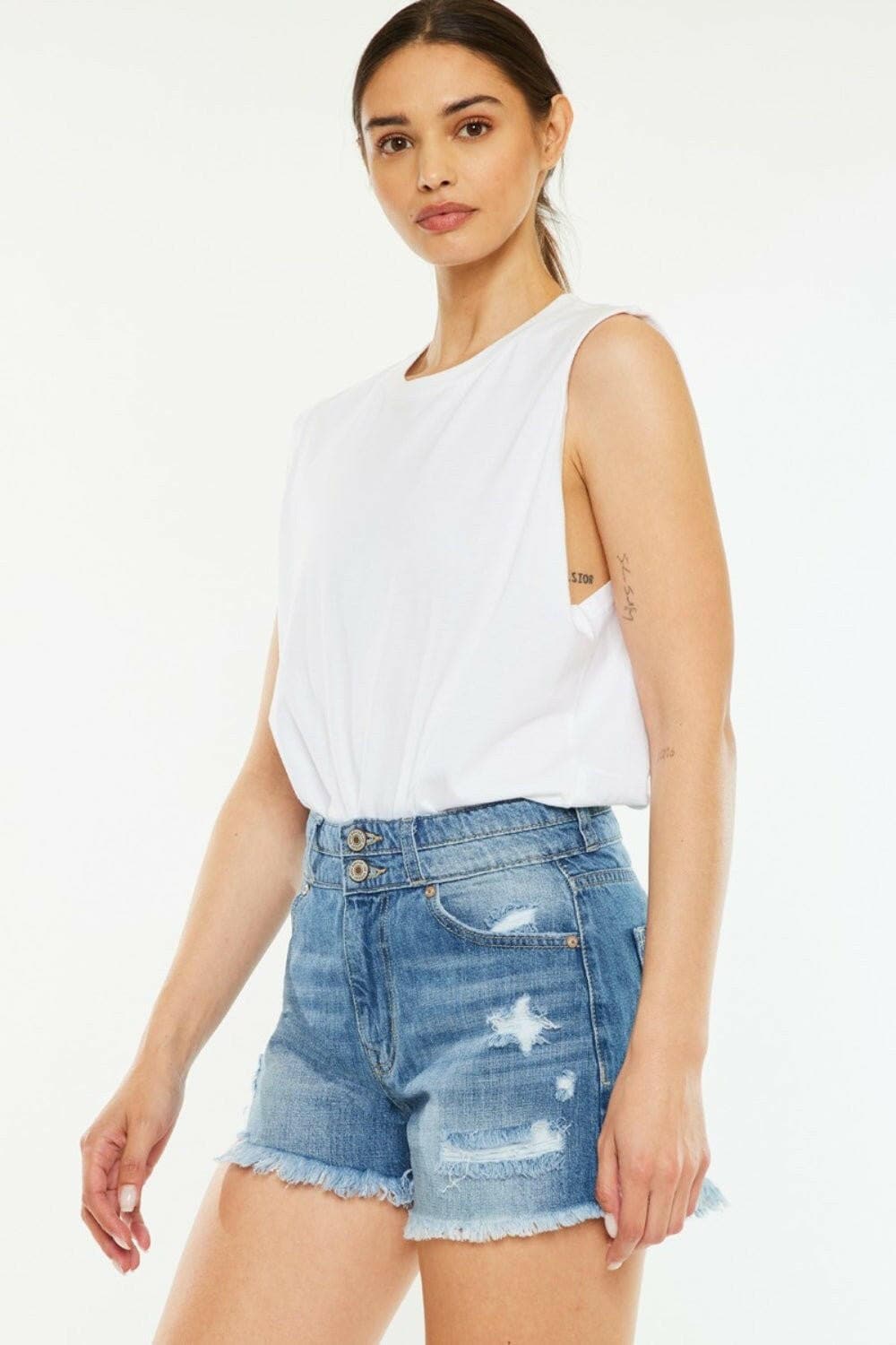 Kancan Full Size High Rise Raw Hem Denim Shorts - Love Salve