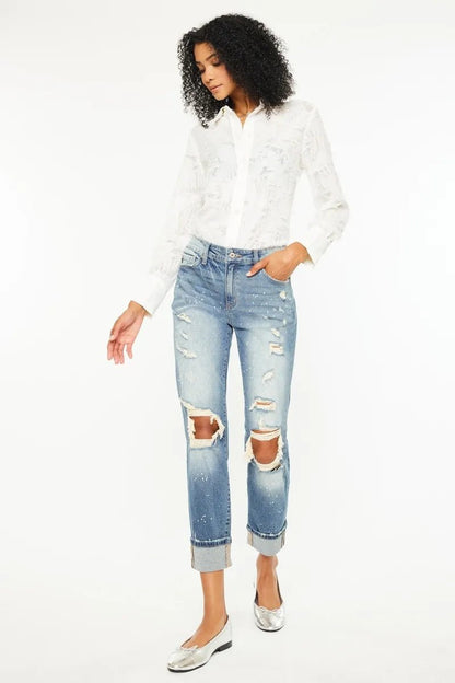 Kancan High Rise Distressed Boyfriend Fit Jeans for Women - Love Salve 