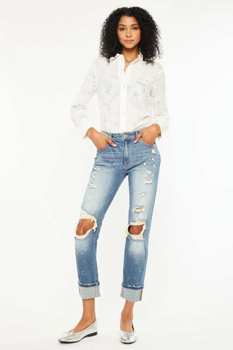 Kancan High Rise Distressed Boyfriend Fit Jeans for Women - Love Salve 