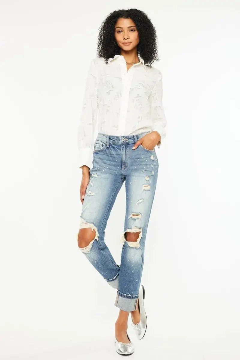 Kancan High Rise Distressed Boyfriend Fit Jeans for Women - Love Salve 