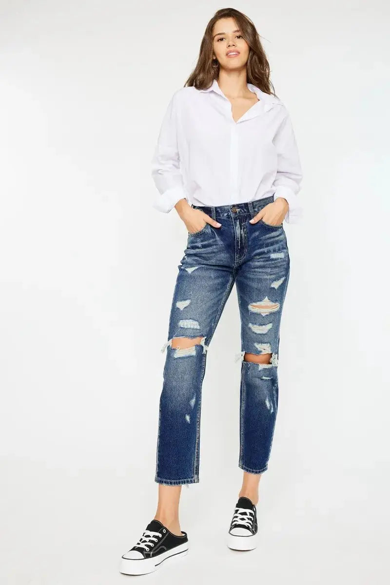 Kancan High Rise Distressed Mom Fit Jeans for Women - Love Salve 