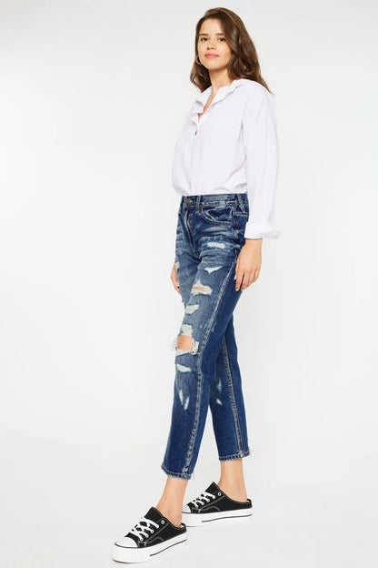 Kancan High Rise Distressed Mom Fit Jeans for Women - Love Salve 