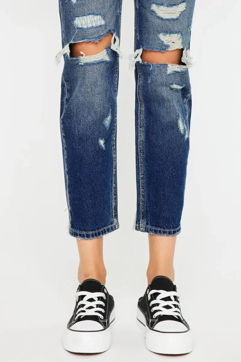Kancan High Rise Distressed Mom Fit Jeans for Women - Love Salve 
