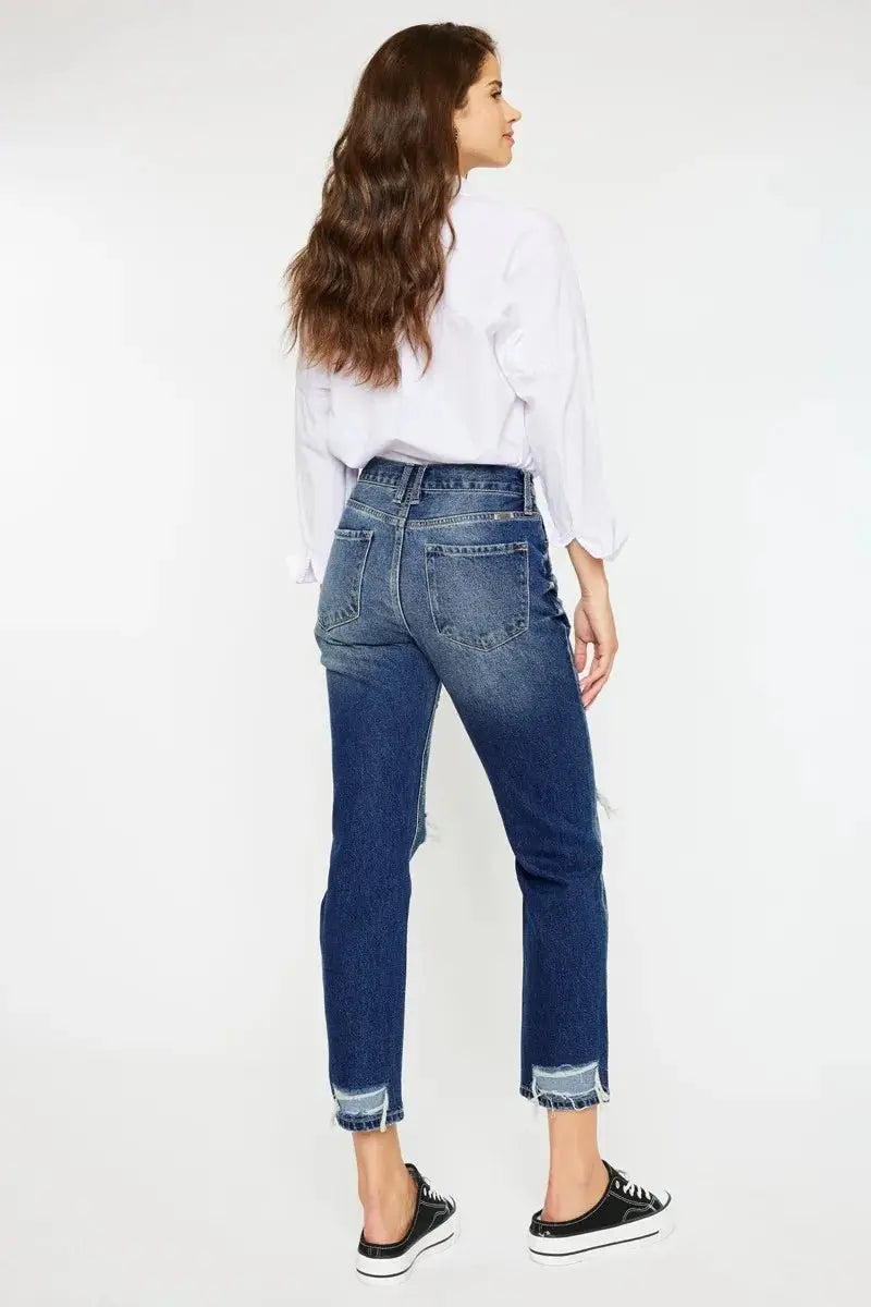 Kancan High Rise Distressed Mom Fit Jeans for Women - Love Salve 