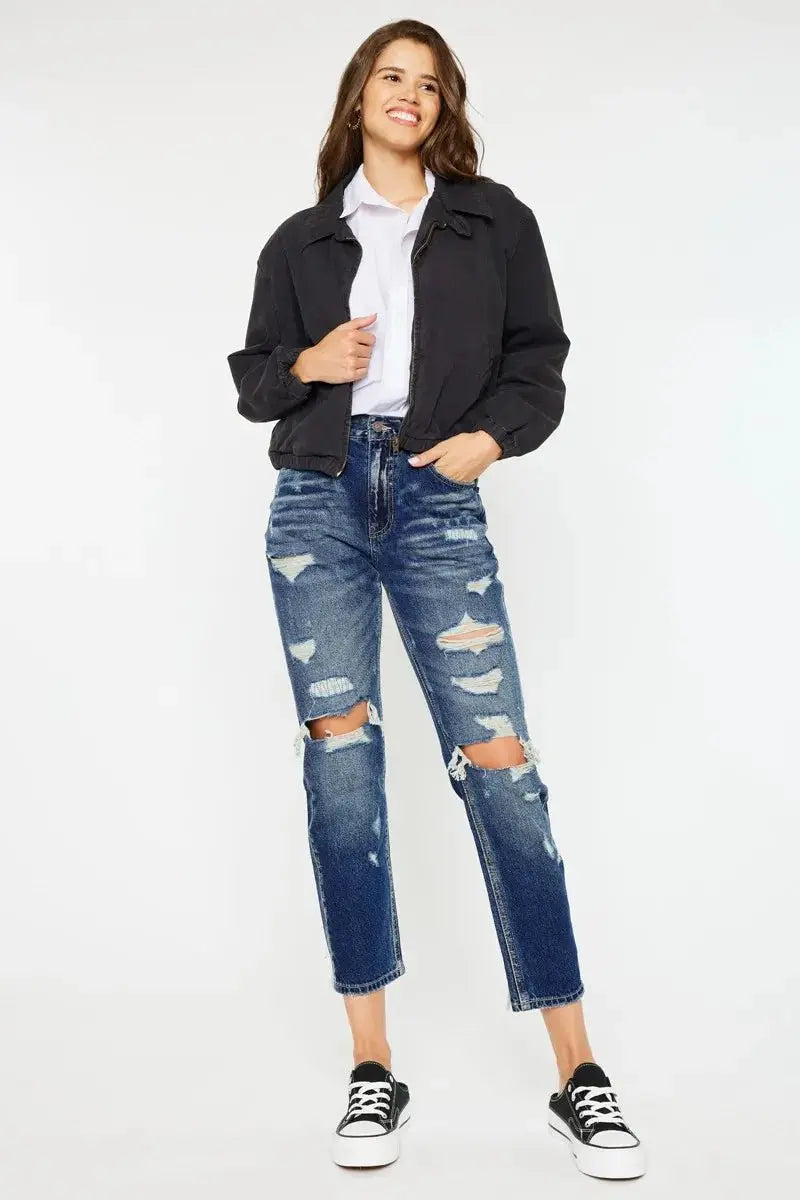Kancan High Rise Distressed Mom Fit Jeans for Women - Love Salve 
