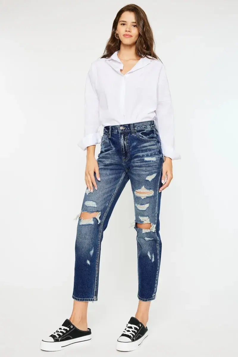 Kancan High Rise Distressed Mom Fit Jeans for Women - Love Salve 