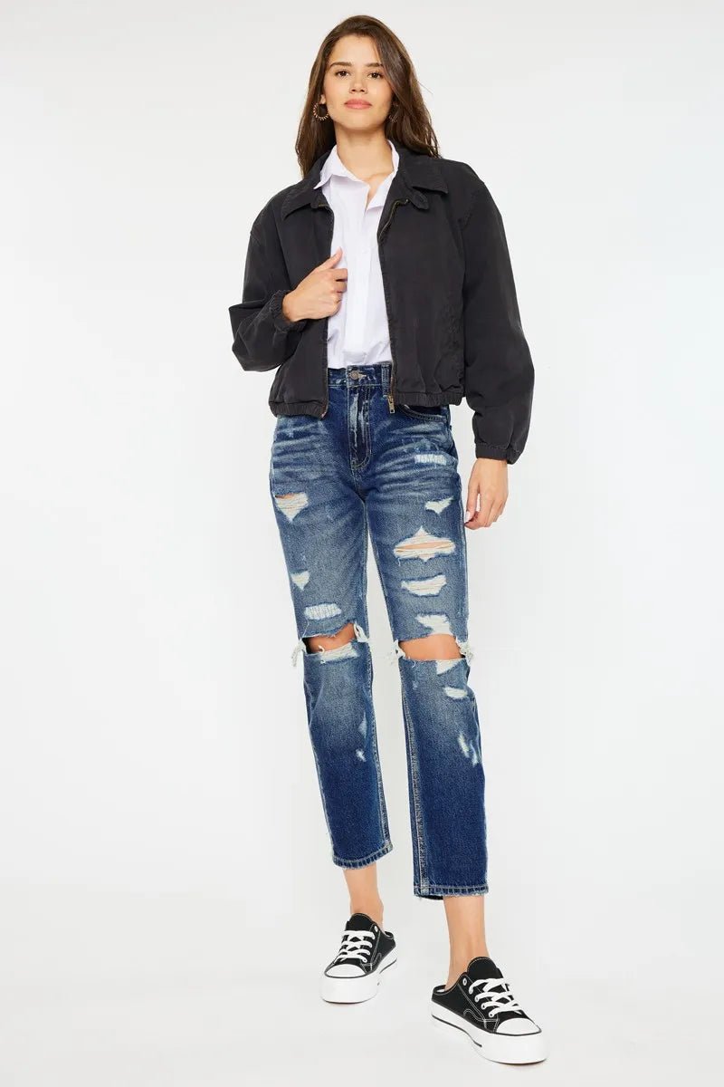 Kancan High Rise Distressed Mom Fit Jeans for Women - Love Salve 