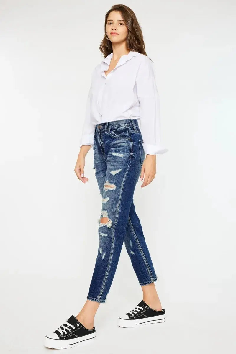 Kancan High Rise Distressed Mom Fit Jeans for Women - Love Salve 