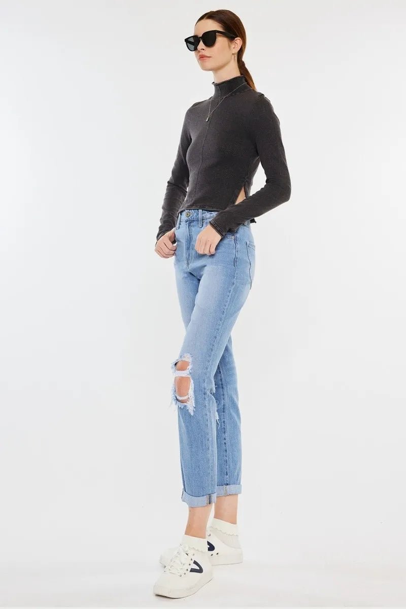 Kancan High Rise Distressed Mom Jeans for Trendy Style - Love Salve 