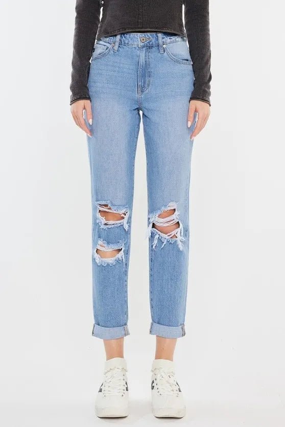 Kancan High Rise Distressed Mom Jeans for Trendy Style - Love Salve 