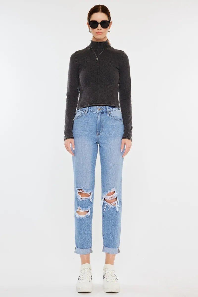 Kancan High Rise Distressed Mom Jeans for Trendy Style - Love Salve 