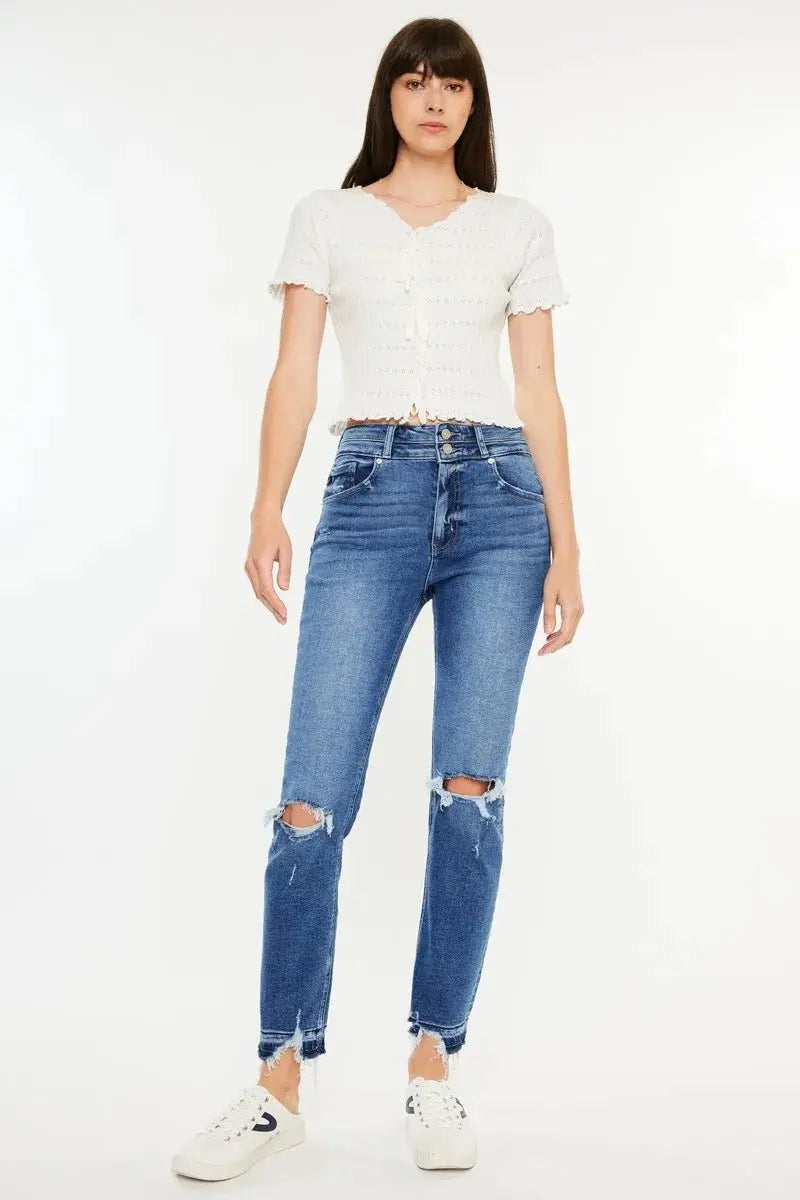 Kancan High Rise Distressed Slim Straight Jeans for Women - Love Salve 