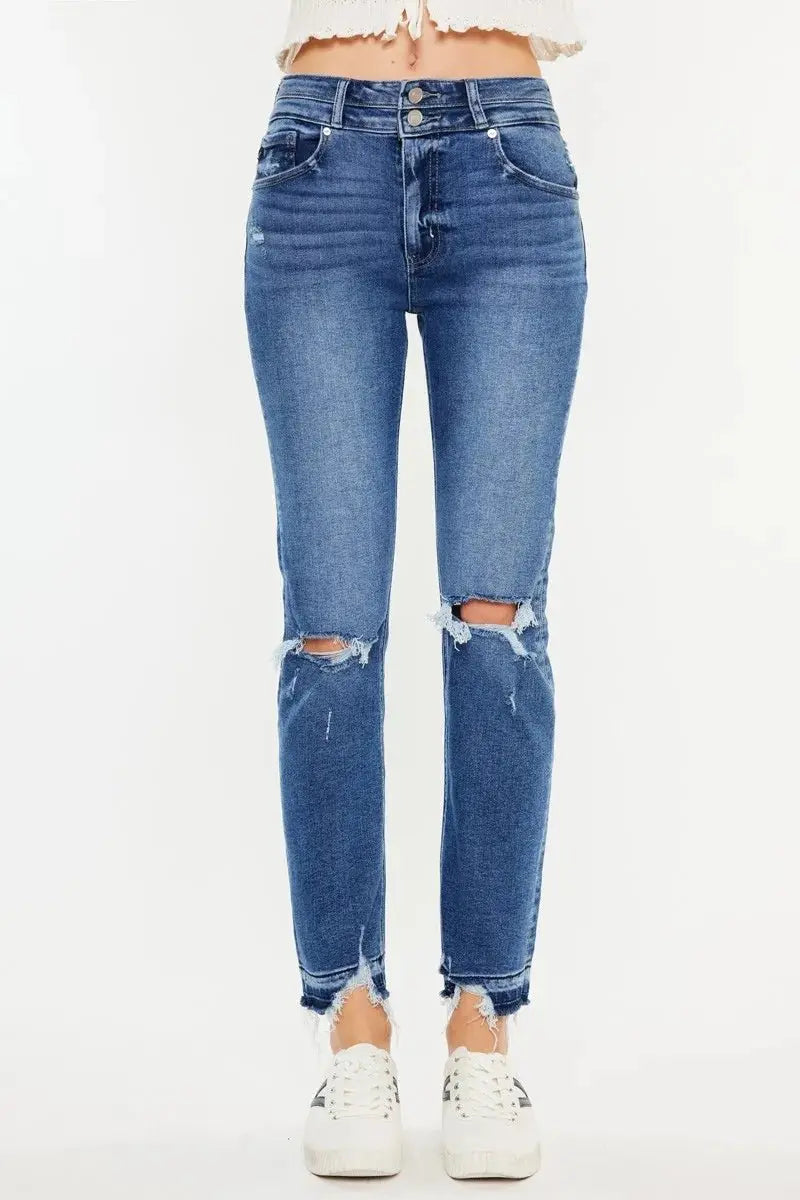 Kancan High Rise Distressed Slim Straight Jeans for Women - Love Salve 