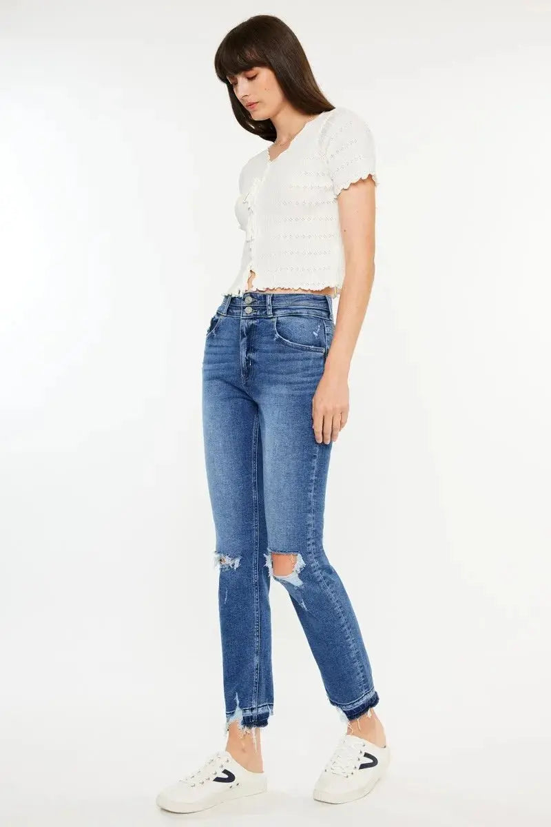 Kancan High Rise Distressed Slim Straight Jeans for Women - Love Salve 