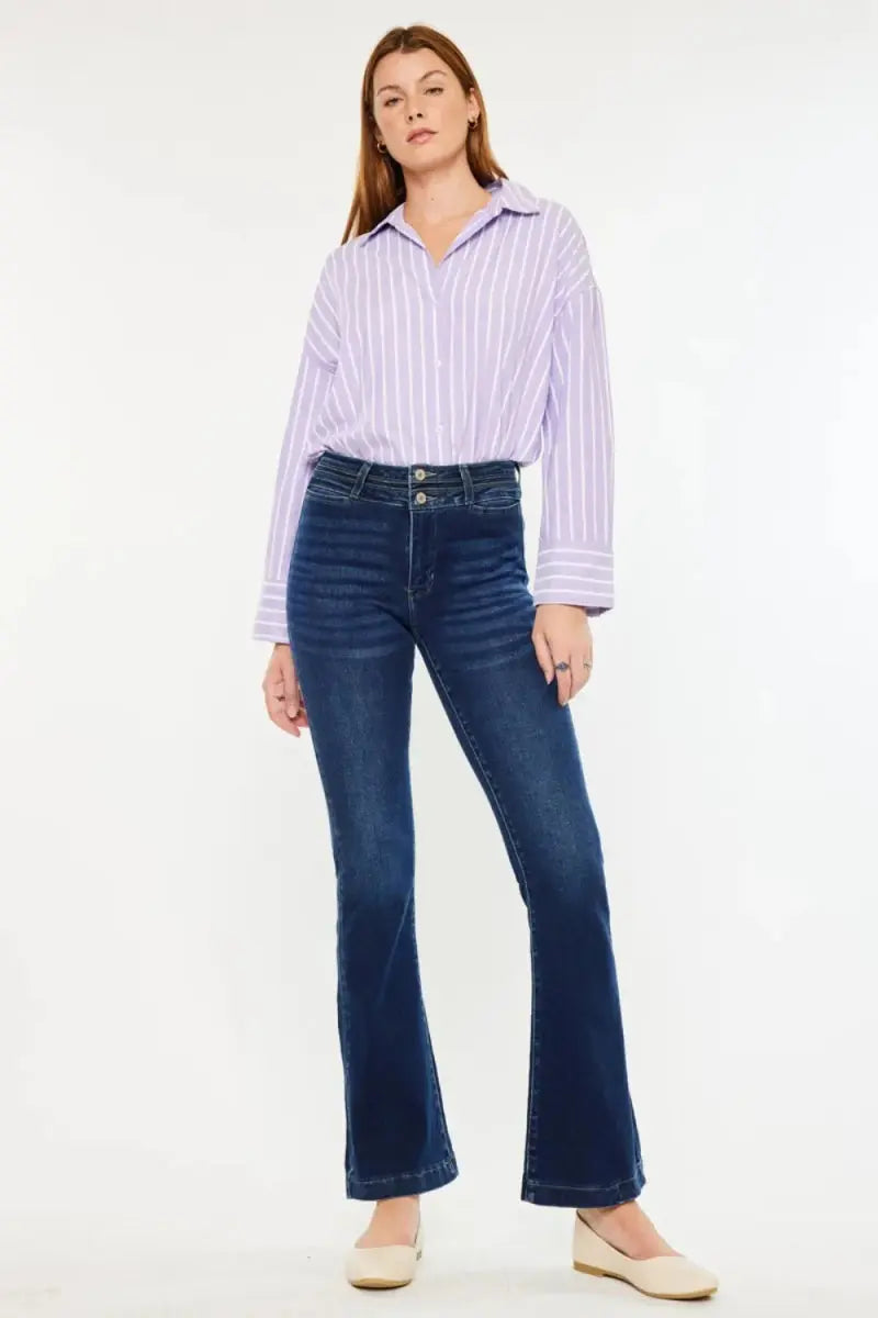 Kancan High Rise Double Waistband Flare Jeans for Women - Love Salve 