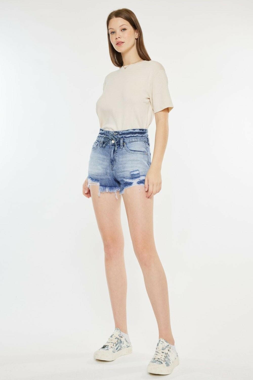 Kancan High Rise Frayed Hem Denim Shorts - Love Salve