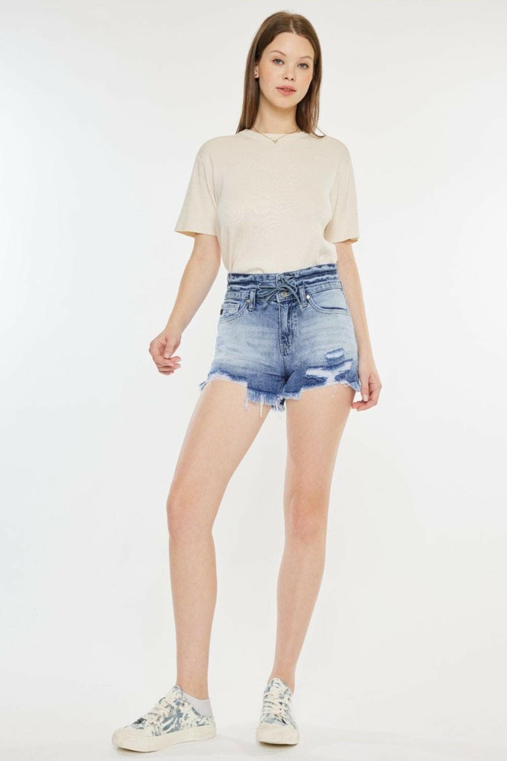 Kancan High Rise Frayed Hem Denim Shorts - Love Salve