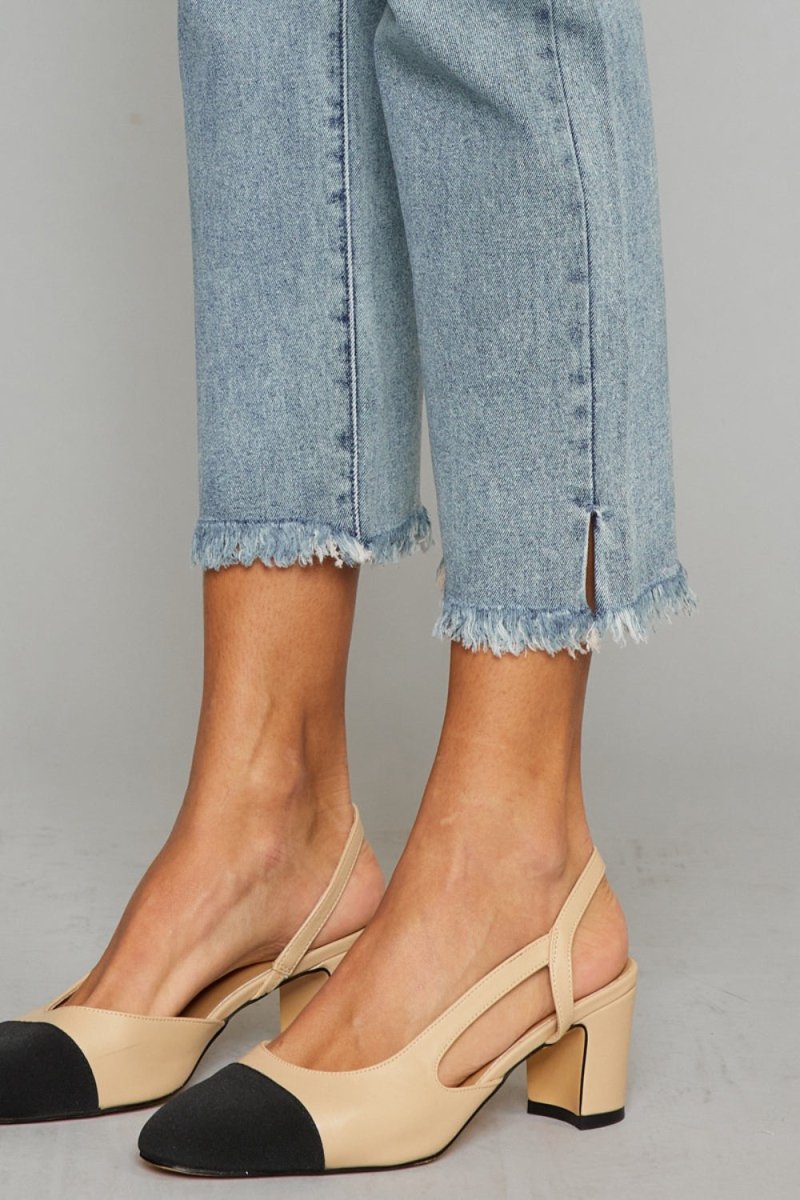 Kancan High Waist Button Fly Raw Hem Cropped Straight Jeans - Love Salve 