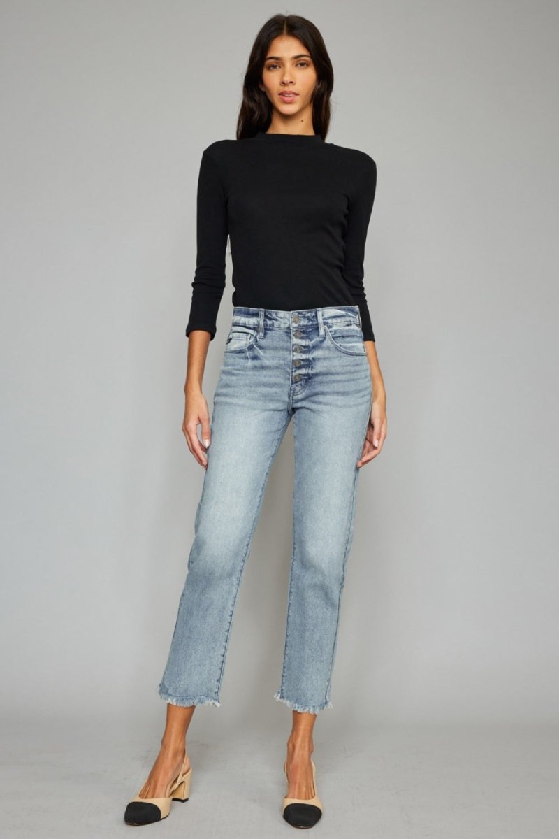 Kancan High Waist Button Fly Raw Hem Cropped Straight Jeans - Love Salve 