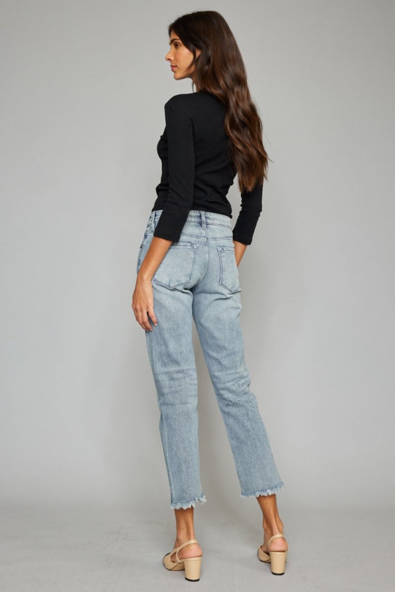 Kancan High Waist Button Fly Raw Hem Cropped Straight Jeans - Love Salve 