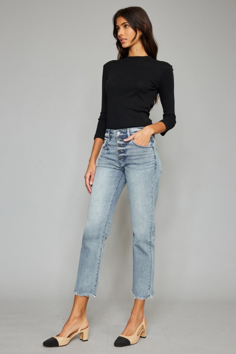 Kancan High Waist Button Fly Raw Hem Cropped Straight Jeans - Love Salve 