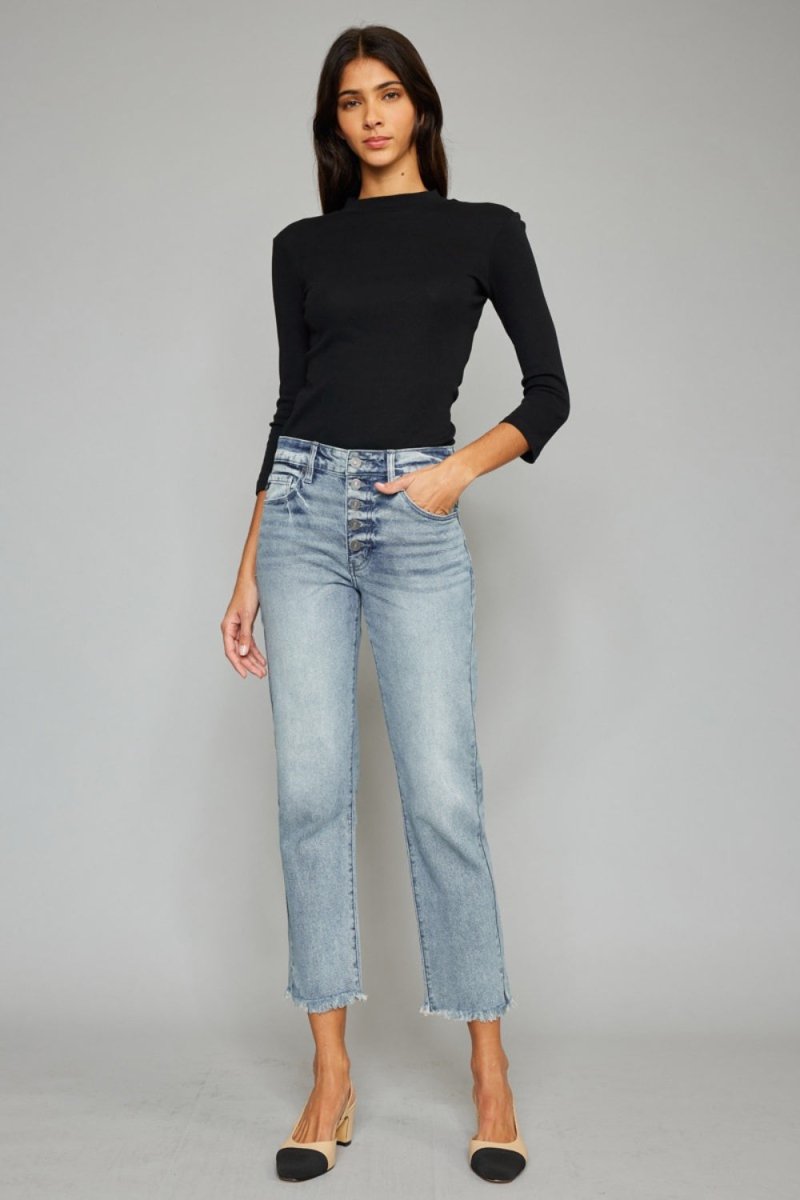 Kancan High Waist Button Fly Raw Hem Cropped Straight Jeans - Love Salve 