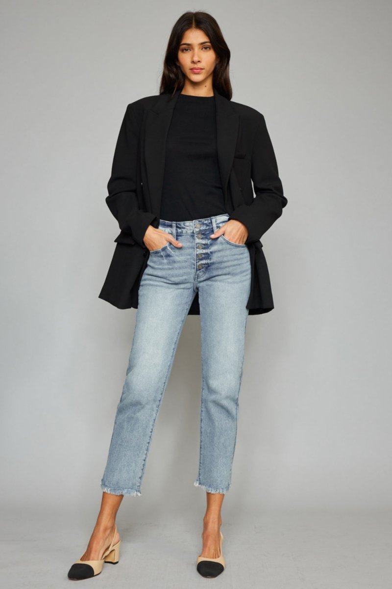 Kancan High Waist Button Fly Raw Hem Cropped Straight Jeans - Love Salve 