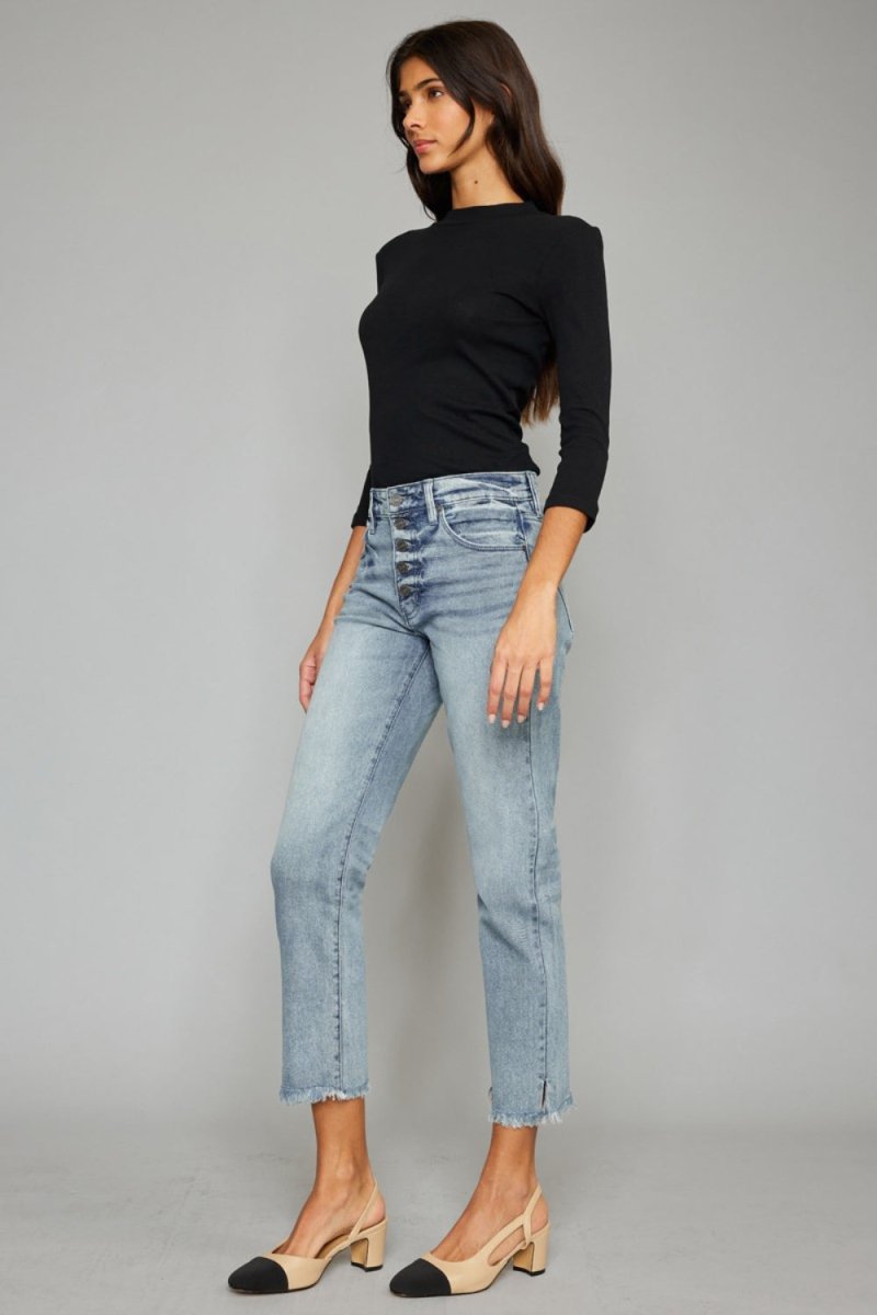 Kancan High Waist Button Fly Raw Hem Cropped Straight Jeans - Love Salve 
