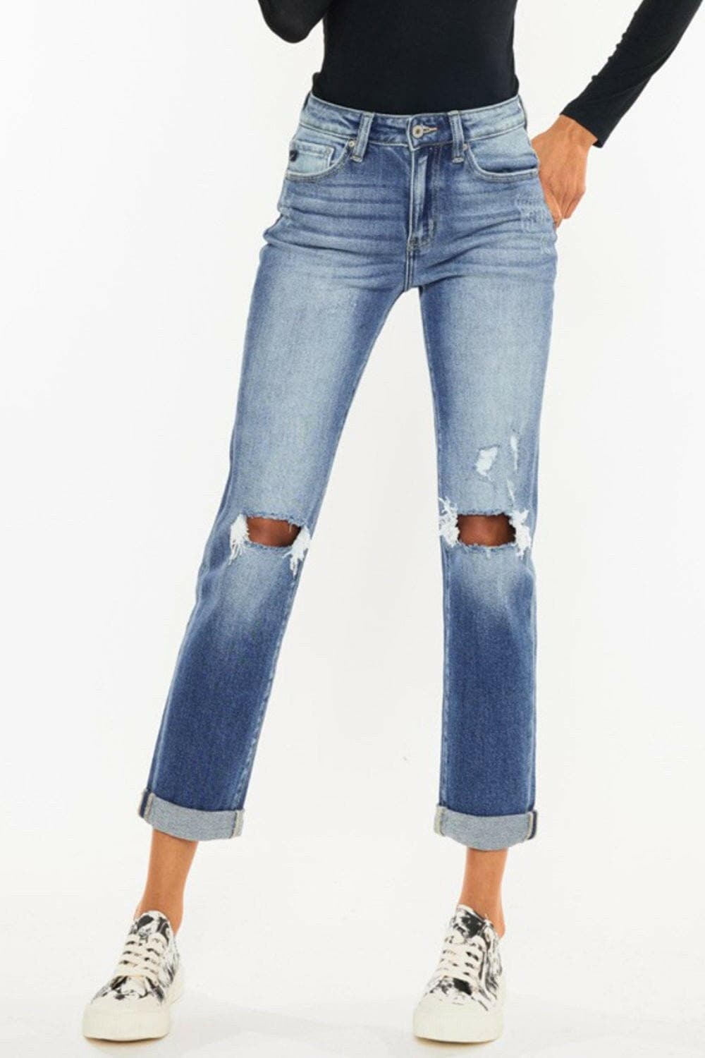 Kancan High Waist Distressed Hem Detail Cropped Straight Jeans - Love Salve