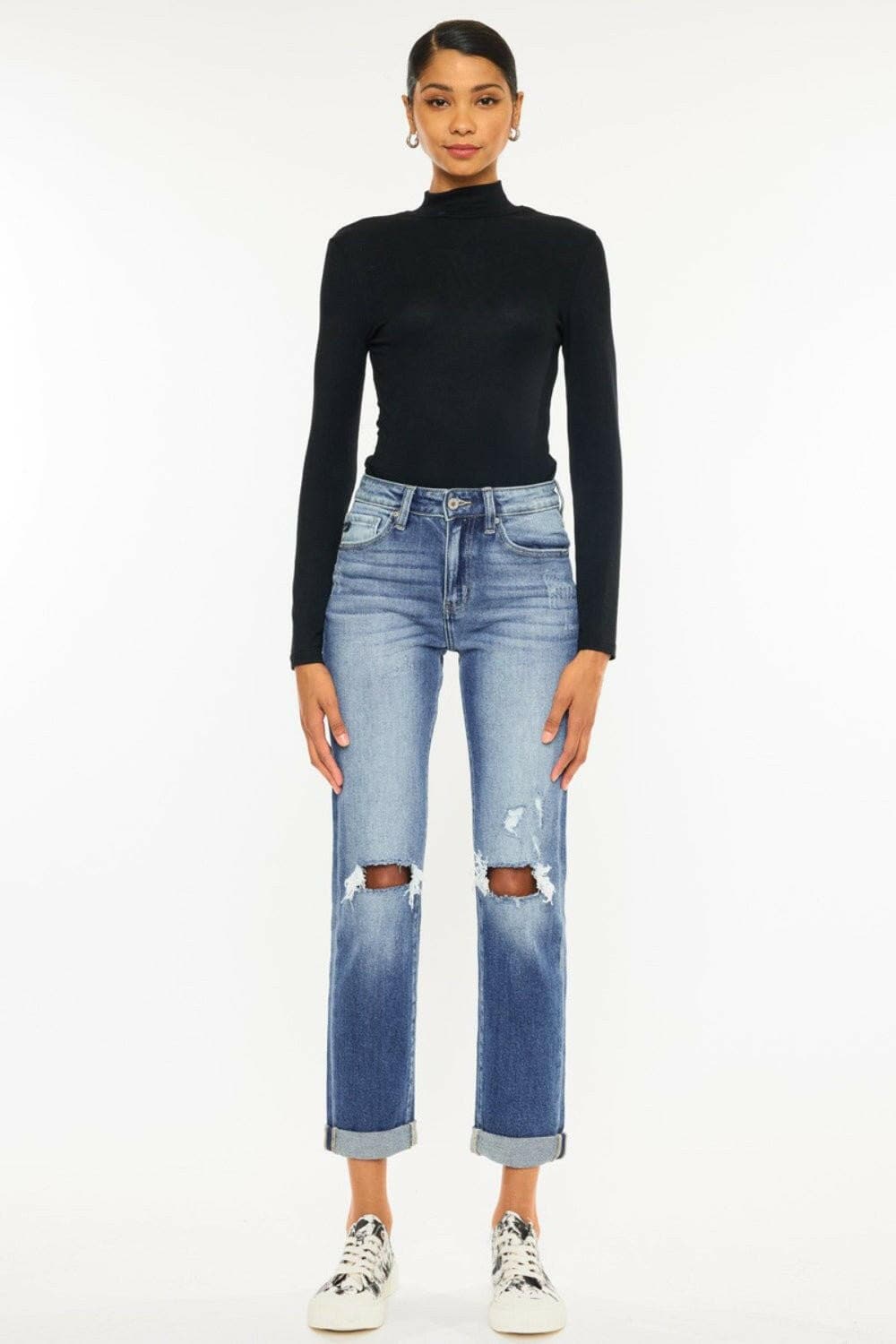 Kancan High Waist Distressed Hem Detail Cropped Straight Jeans - Love Salve