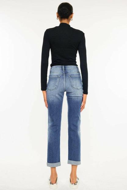 Kancan High Waist Distressed Hem Detail Cropped Straight Jeans - Love Salve