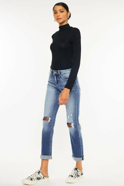 Kancan High Waist Distressed Hem Detail Cropped Straight Jeans - Love Salve