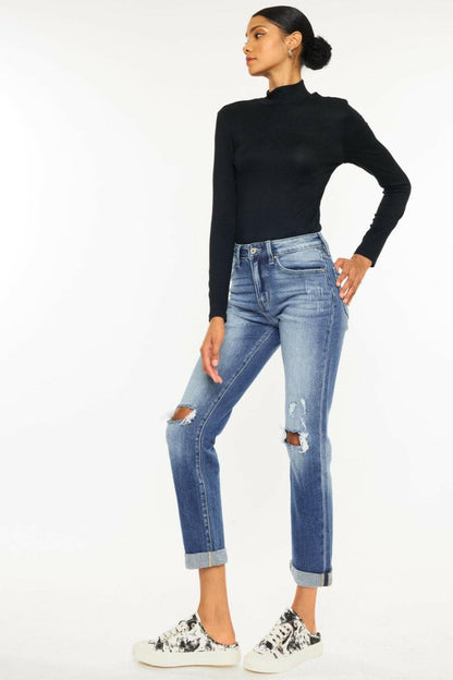 Kancan High Waist Distressed Hem Detail Cropped Straight Jeans - Love Salve