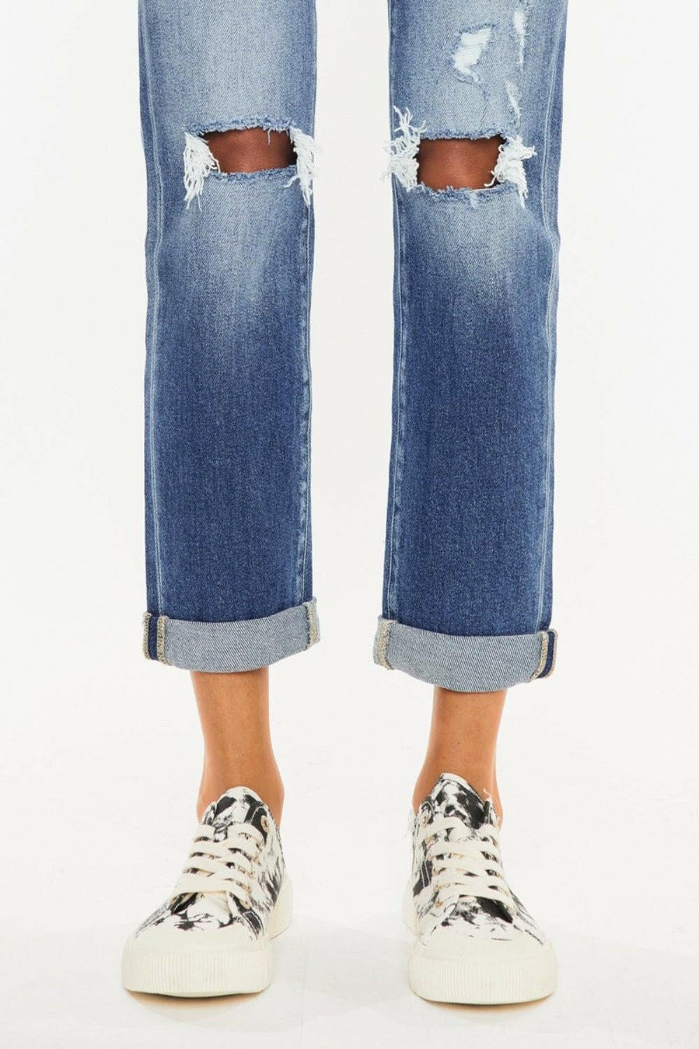 Kancan High Waist Distressed Hem Detail Cropped Straight Jeans - Love Salve