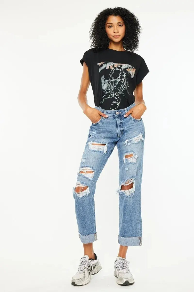 Kancan Mid Rise Distressed Boyfriend Fit Jeans for Women - Love Salve 