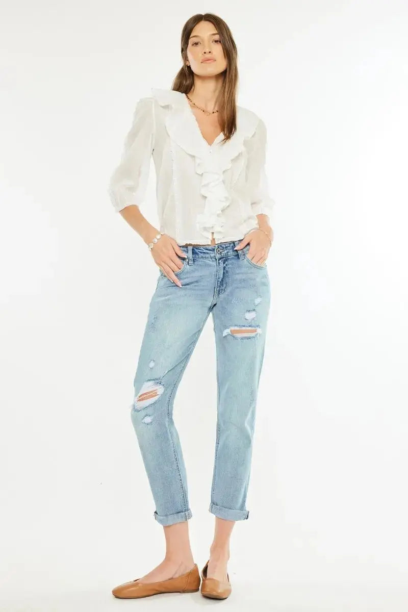 Kancan Mid Rise Distressed Boyfriend Fit Jeans for Women - Love Salve 