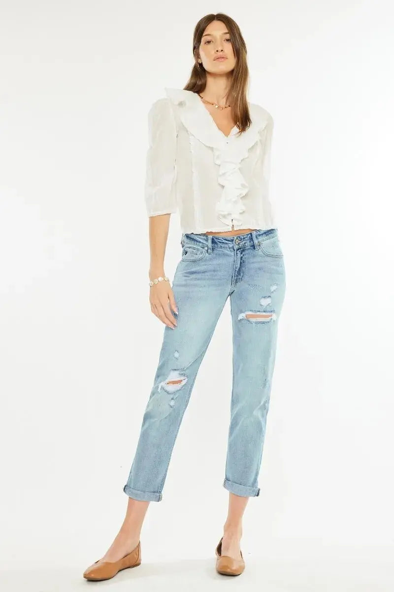 Kancan Mid Rise Distressed Boyfriend Fit Jeans for Women - Love Salve 