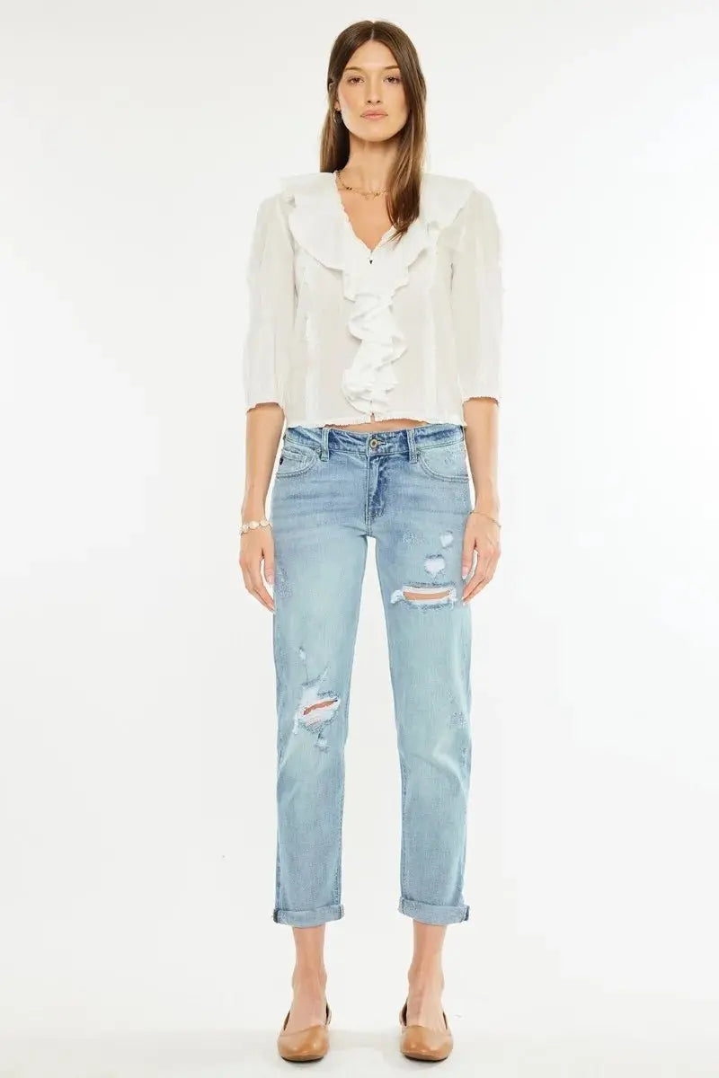 Kancan Mid Rise Distressed Boyfriend Fit Jeans for Women - Love Salve 