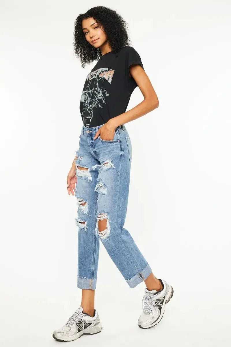 Kancan Mid Rise Distressed Boyfriend Fit Jeans for Women - Love Salve 