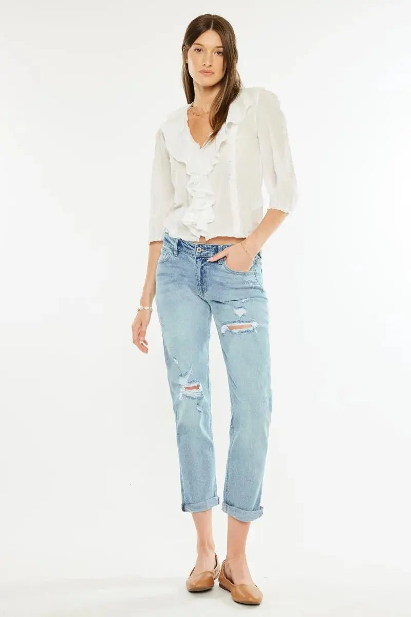 Kancan Mid Rise Distressed Boyfriend Fit Jeans for Women - Love Salve 